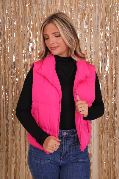 Women's Hot Pink Puffer Vest- Pink Cropped Puffer Vest- Entro Clothing Vest