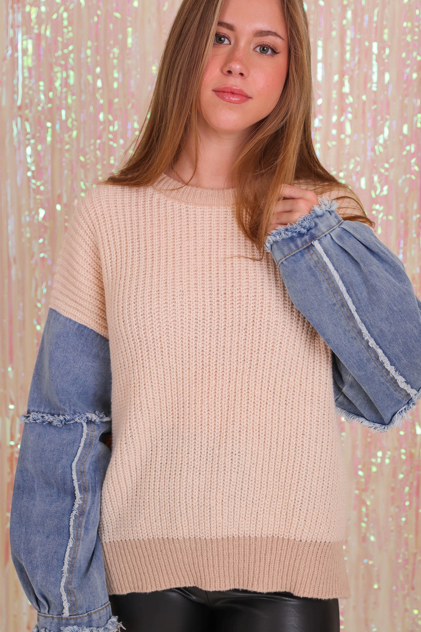 Women's Oversized Knit Sweater- Women's Denim Sleeve Sweater- In The Beginning Sweater