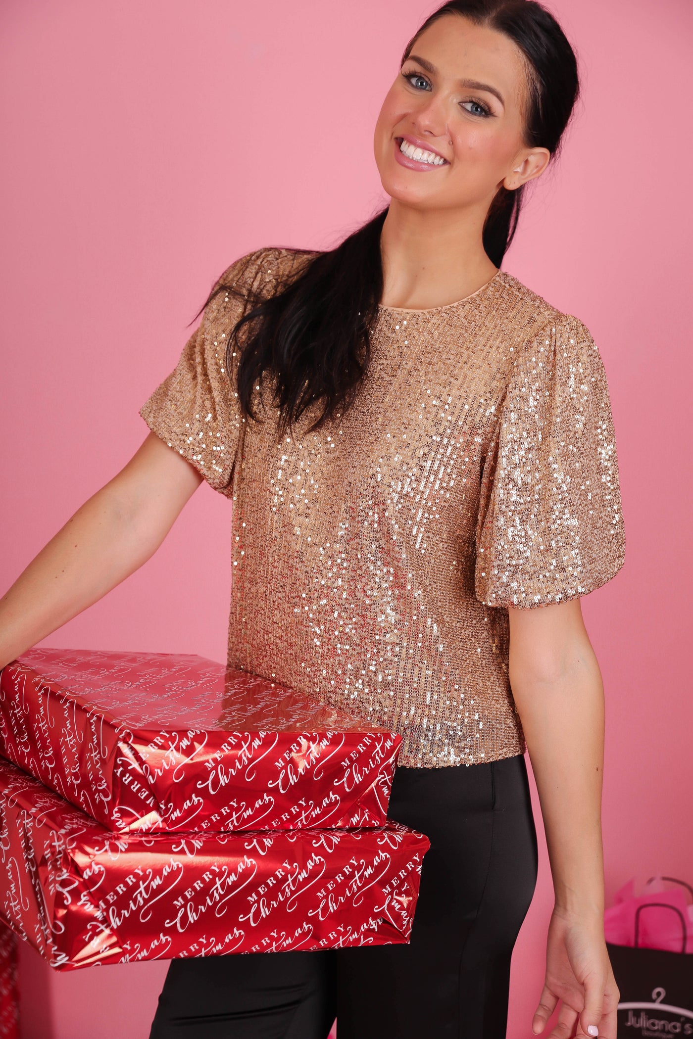 Women's Gold Sequin Blouse- Women's Holiday Tops- She + Sky Sequin Top