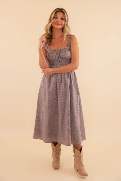 Women's Brown Gingham Midi Dress- Classic Gingham Dress- Needi Brown Gingham Dress
