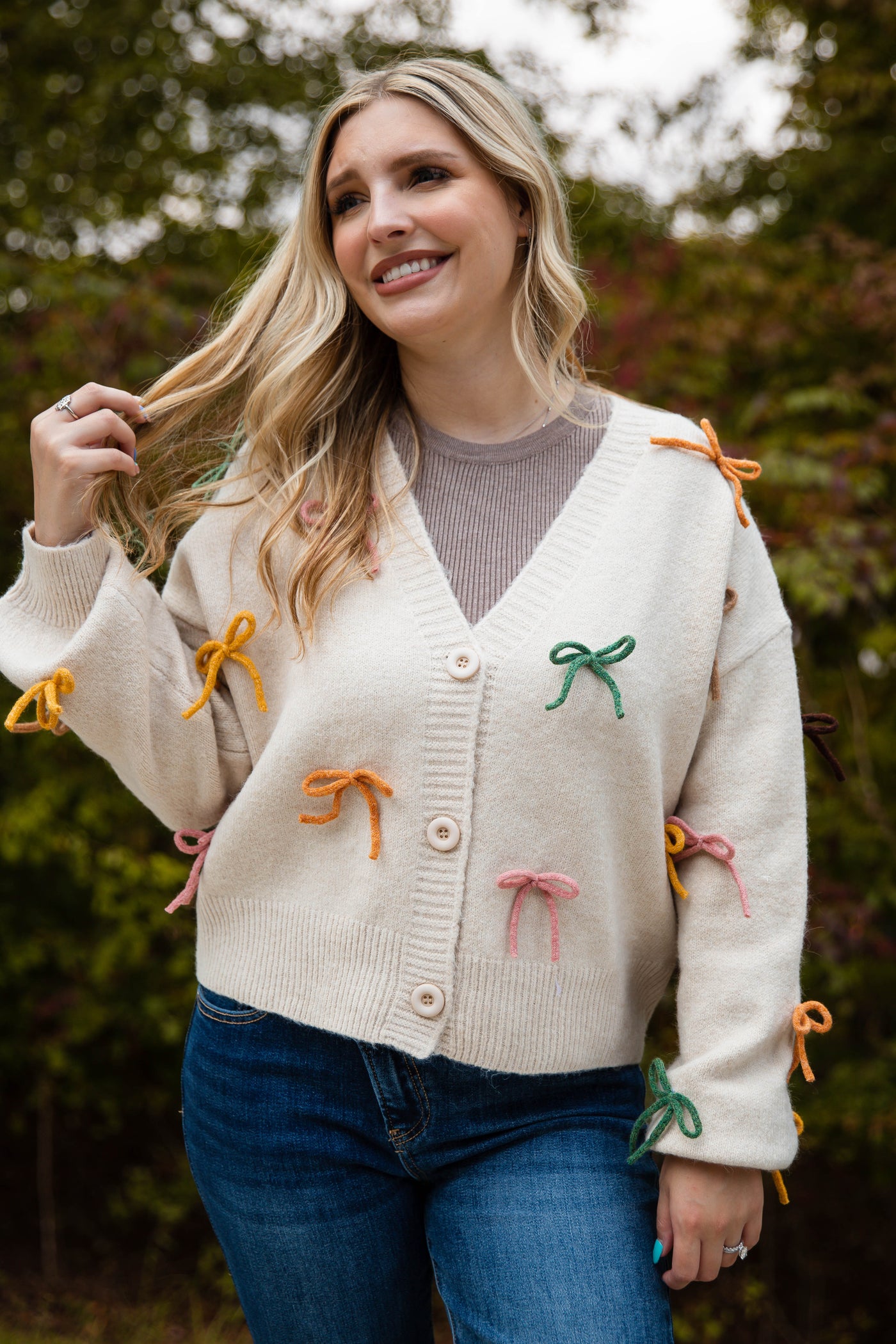 Women's Rainbow Bow Cardigan- 3D Bow Cardigan- Entro Bow Sweater