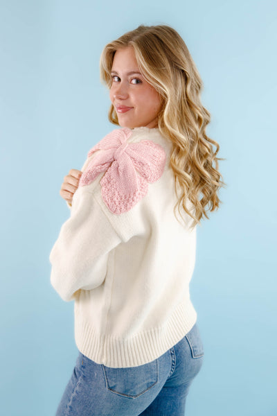 Women's Ivory Bow Knit Sweater- Pink Bow Sweater For Women- &Merci Bow Sweater