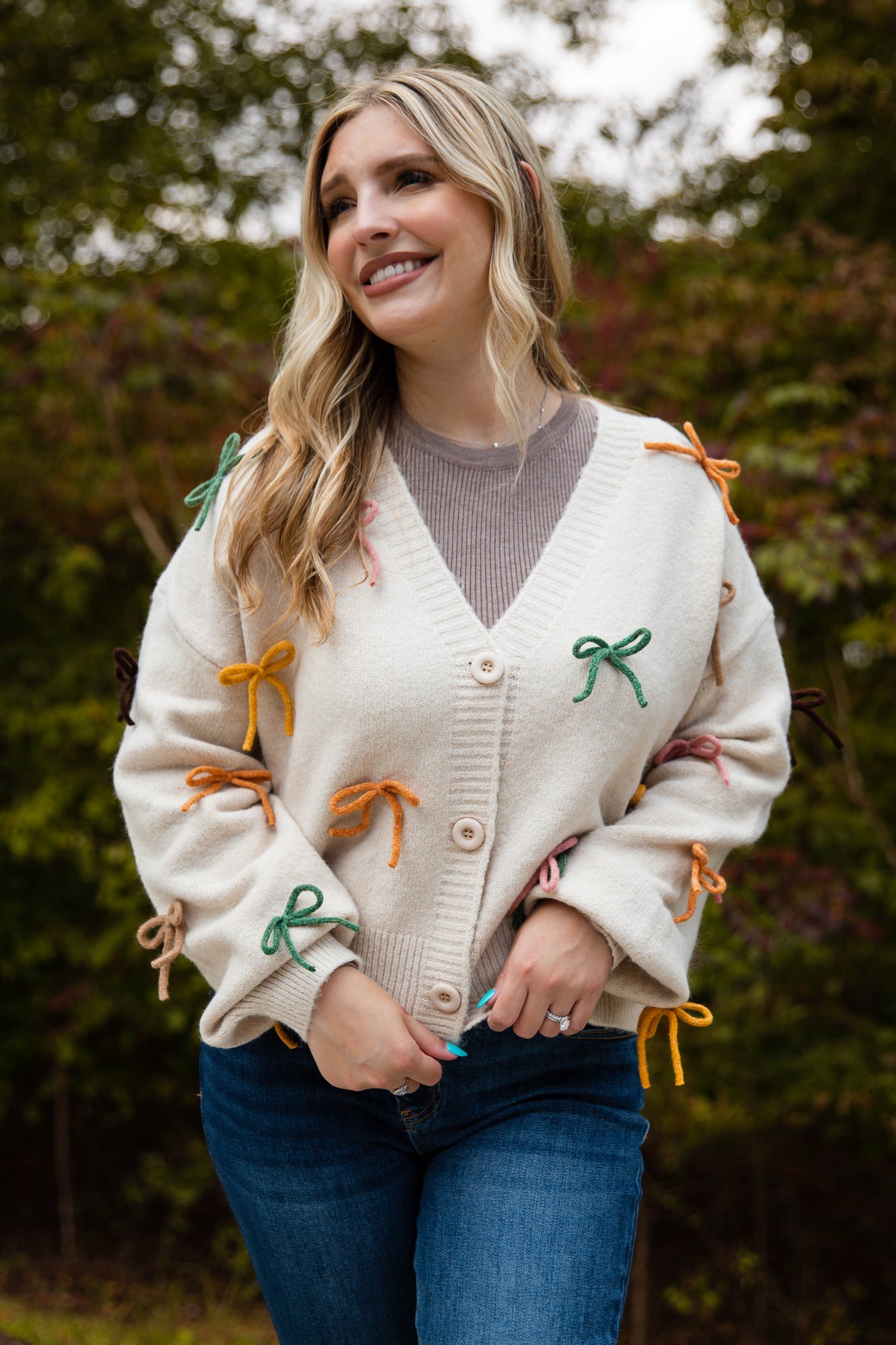 Women's Rainbow Bow Cardigan- 3D Bow Cardigan- Entro Bow Sweater