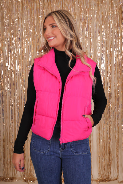 Women's Hot Pink Puffer Vest- Pink Cropped Puffer Vest- Entro Clothing Vest