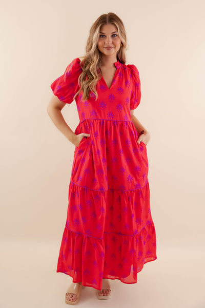 Floral Tiered Maxi Dress- Women's Red Dress- SugarLips Maxi Dress