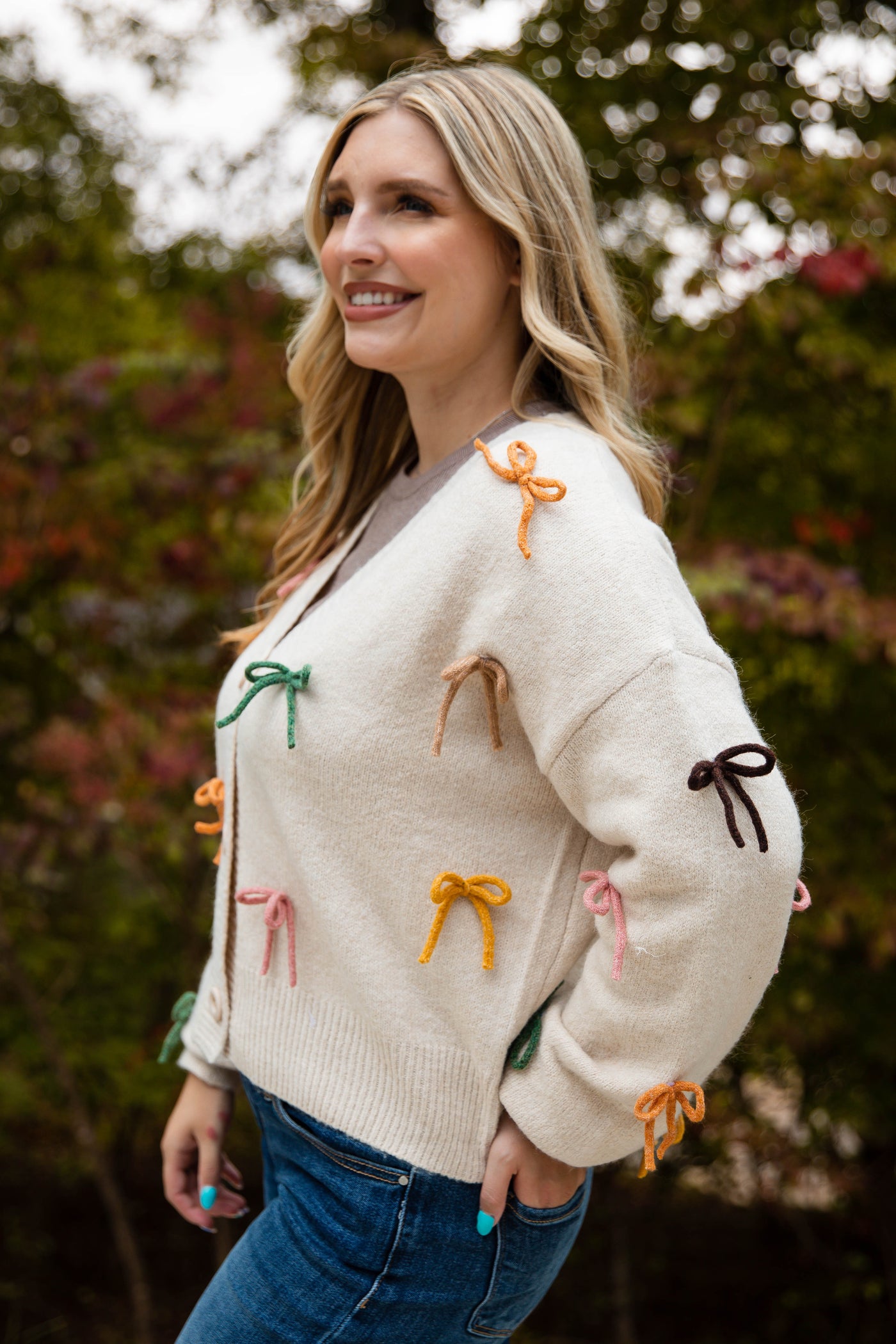 Women's Rainbow Bow Cardigan- 3D Bow Cardigan- Entro Bow Sweater