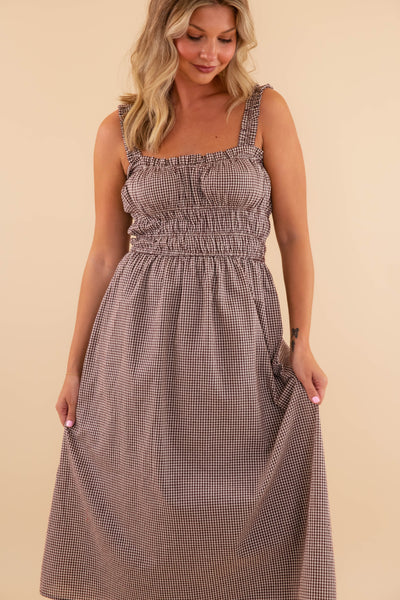 Women's Brown Gingham Midi Dress- Classic Gingham Dress- Needi Brown Gingham Dress