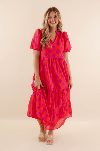 Floral Tiered Maxi Dress- Women's Red Dress- SugarLips Maxi Dress