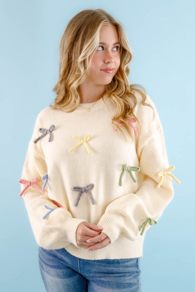 Women's 3D Bow Sweater- Rainbow Pastel Bow Sweater- Entro Bow Top