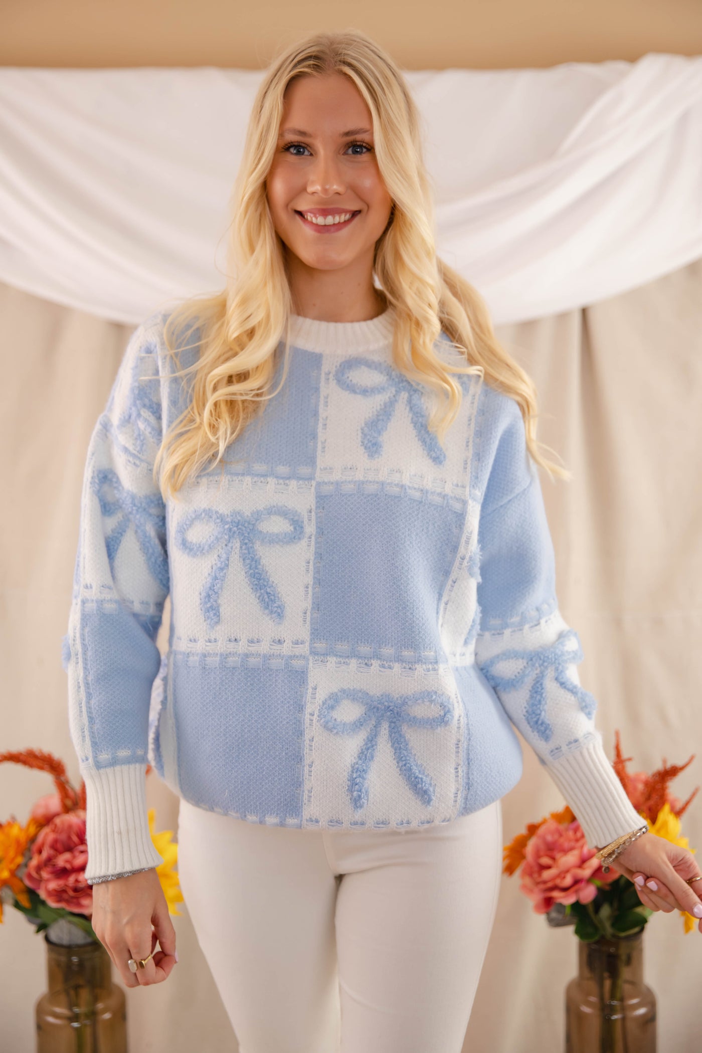 Blue Bow Embroidery Sweater- Women's Ribbon Sweater- Check Print Sweater