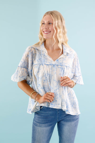 Women's Floral Peasant Top - Preppy Floral Rick Rack Blouse- Floral &merci Blouse