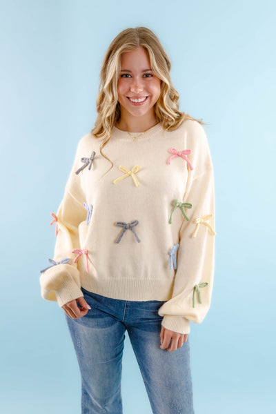 Women's 3D Bow Sweater- Rainbow Pastel Bow Sweater- Entro Bow Top