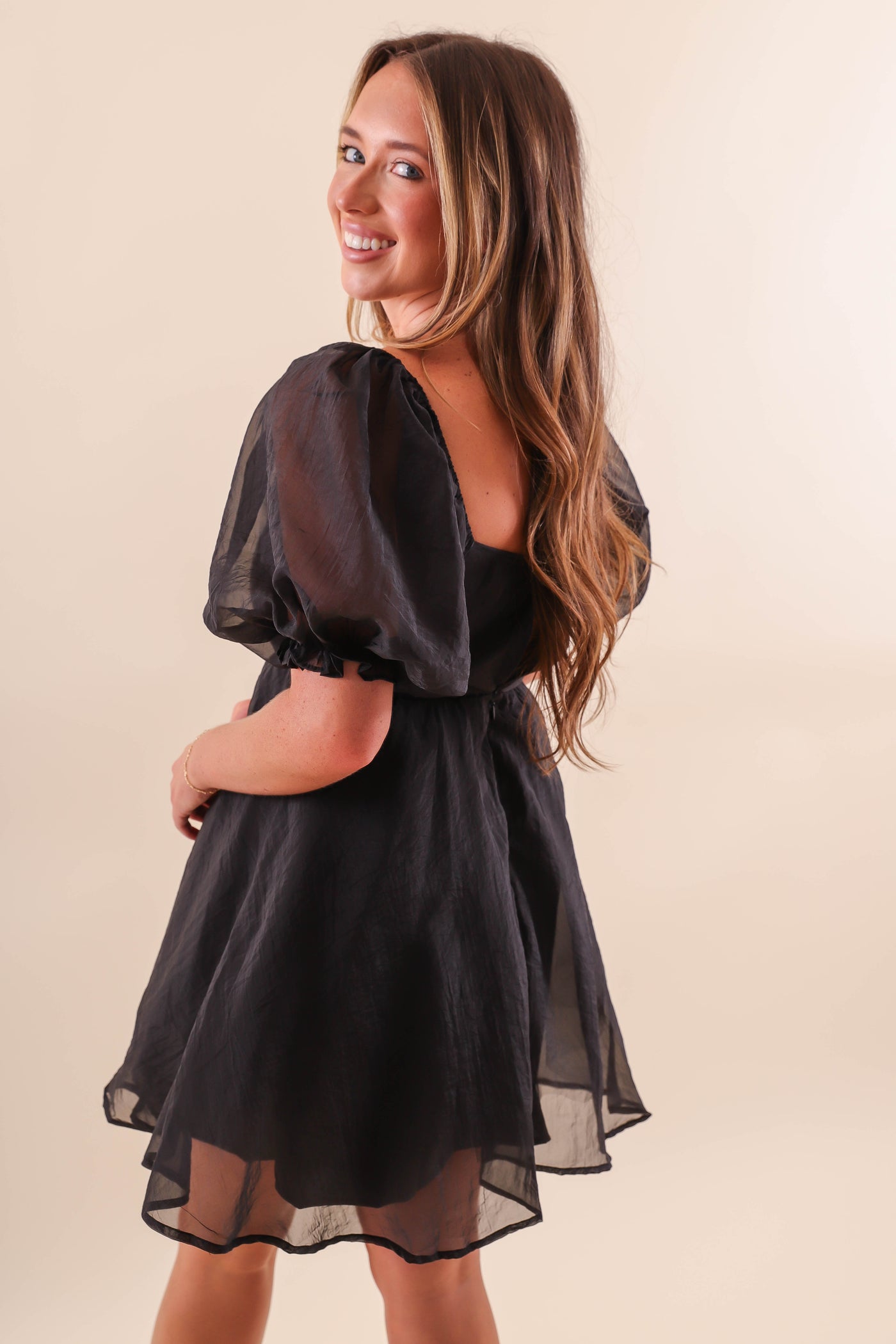 Women's Mini Dress- Black Puff Sleeve Dress- Vintage Shop Dress