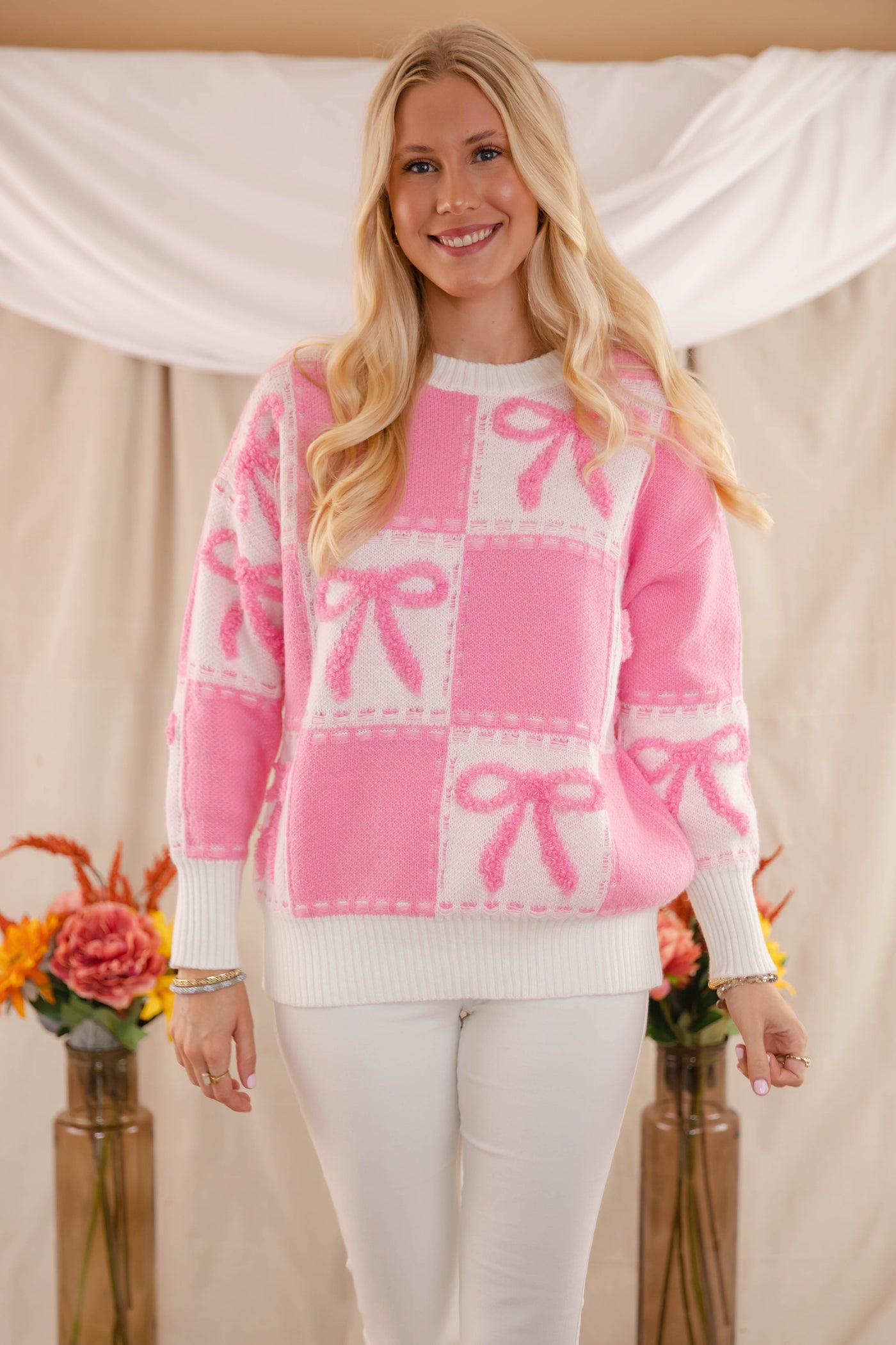 Pink Bow Embroidery Sweater- Women's Ribbon Sweater- Check Print Sweater