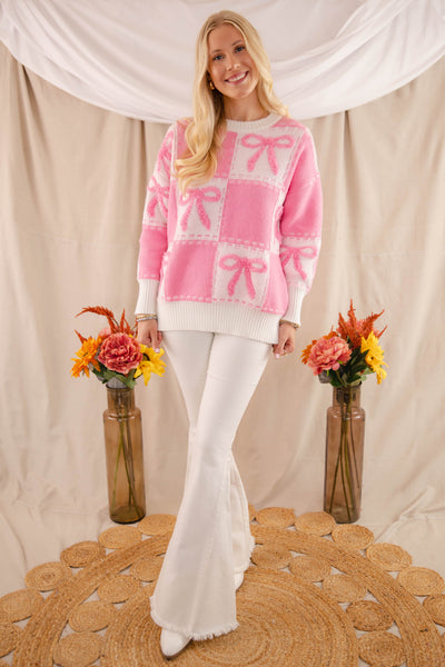 Pink Bow Embroidery Sweater- Women's Ribbon Sweater- Check Print Sweater