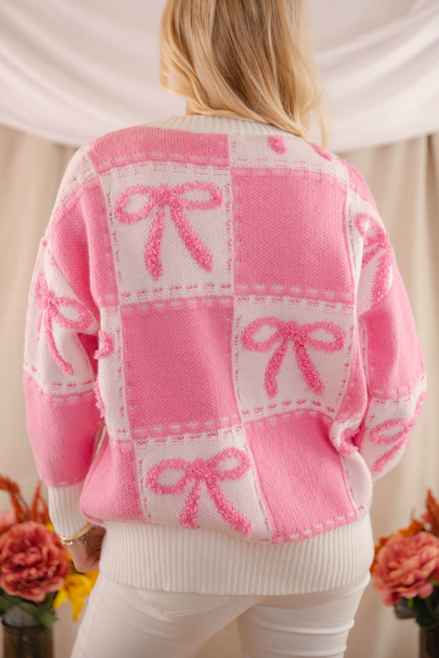 Pink Bow Embroidery Sweater- Women's Ribbon Sweater- Check Print Sweater