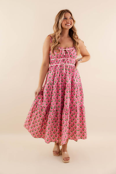 Pink Floral Smocked Midi Dress- Women's Pink Spring Dresses- Entro Floral Midi