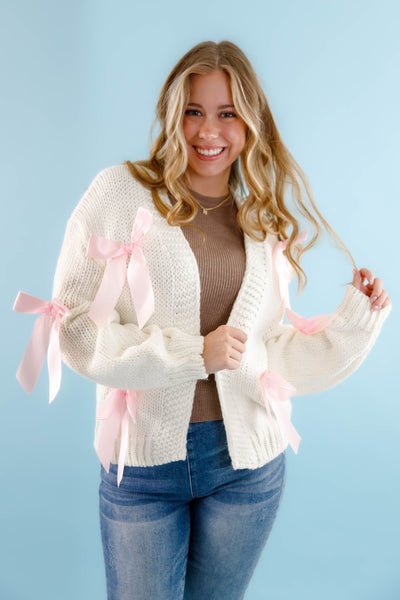 Ivory Knit Cardigan- Women's Pink Bow Cardigan- Oversized Pink Ribbon Cardigan