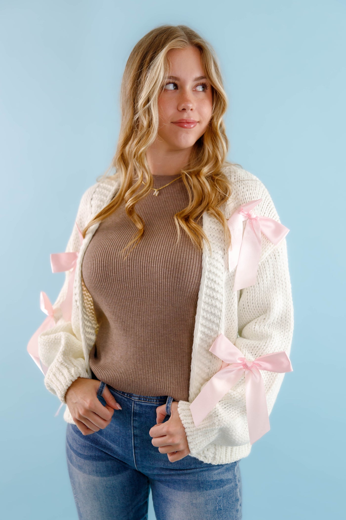 Ivory Knit Cardigan- Women's Pink Bow Cardigan- Oversized Pink Ribbon Cardigan