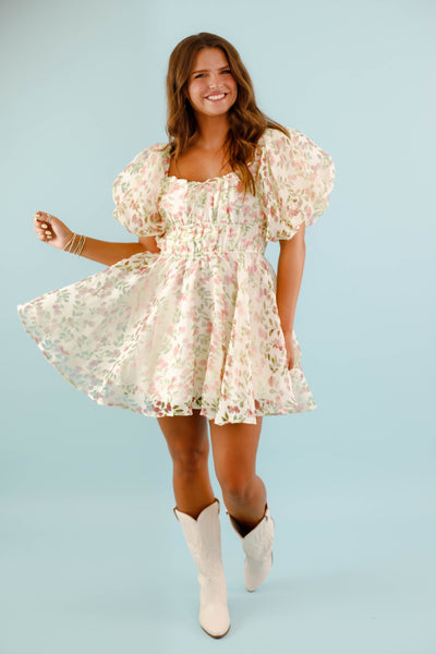 Floral Puff Sleeve Mini Dress- Vintage Inspired Dress- &Merci Bubble Dress