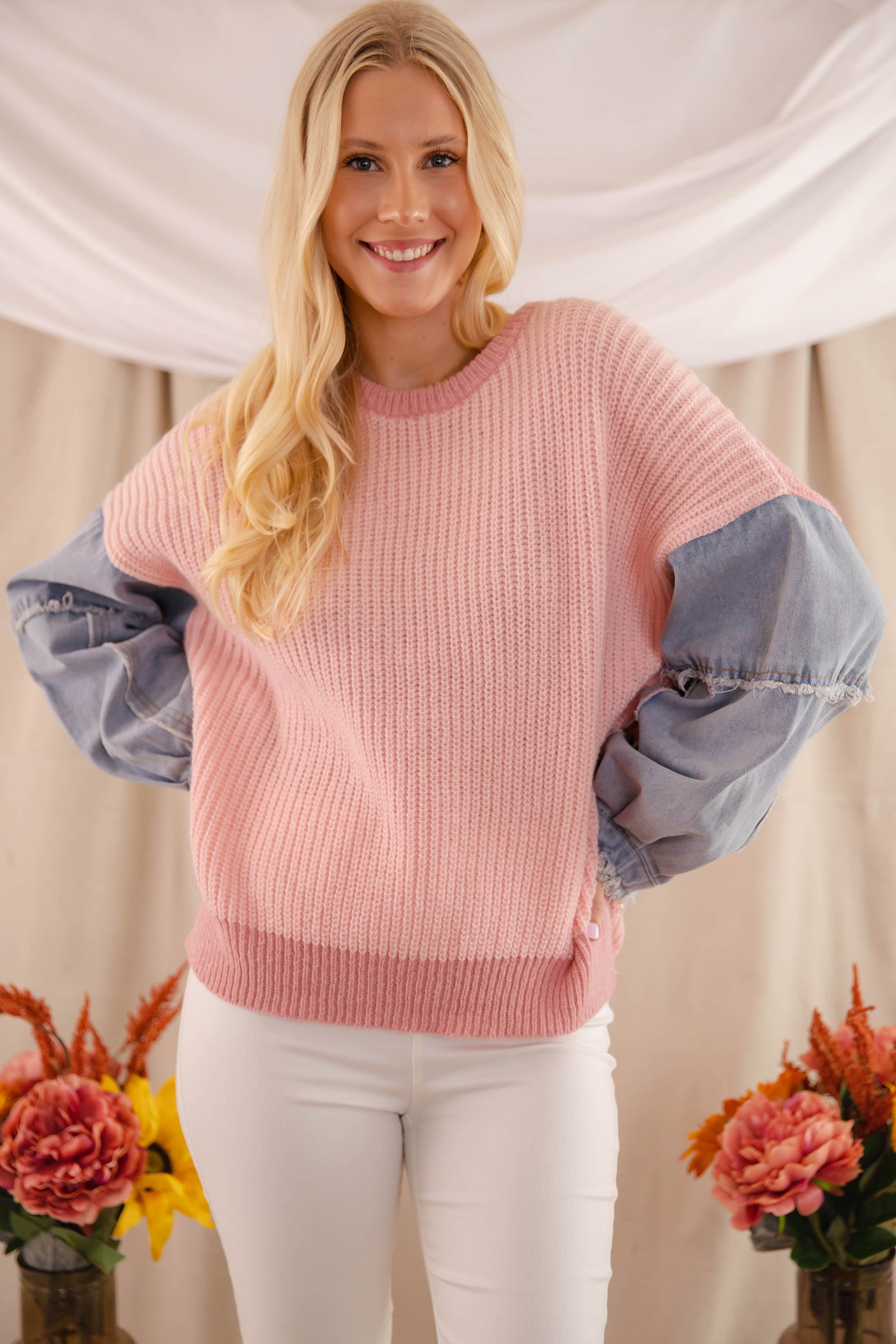 Women's Oversized Knit Sweater- Women's Denim Sleeve Sweater- Adora Color-Block Sweater