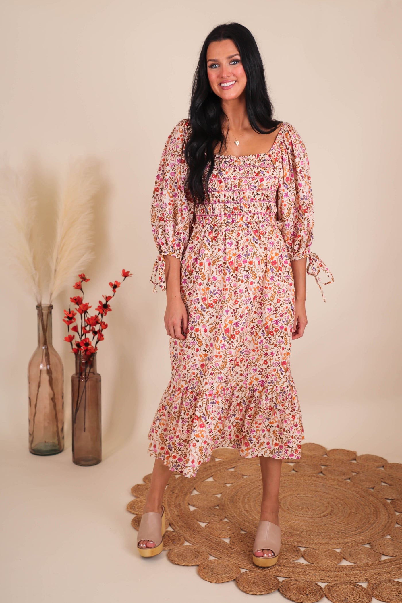 Women's Floral Midi Dress- Women's Pretty Smocked Midi Dress- Aureum Midi Dress