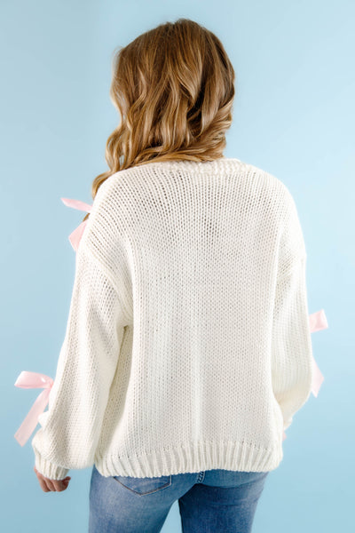 Ivory Knit Cardigan- Women's Pink Bow Cardigan- Oversized Pink Ribbon Cardigan