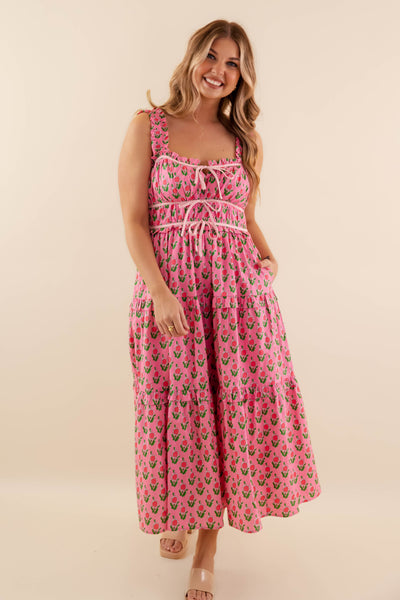 Pink Floral Smocked Midi Dress- Women's Pink Spring Dresses- Entro Floral Midi