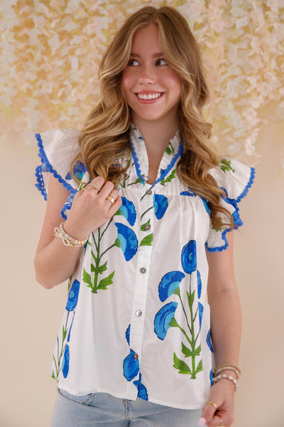 Floral Print Ruffle Sleeve Blouse- Blue and White Ruffle Top- Women's Spring Tops