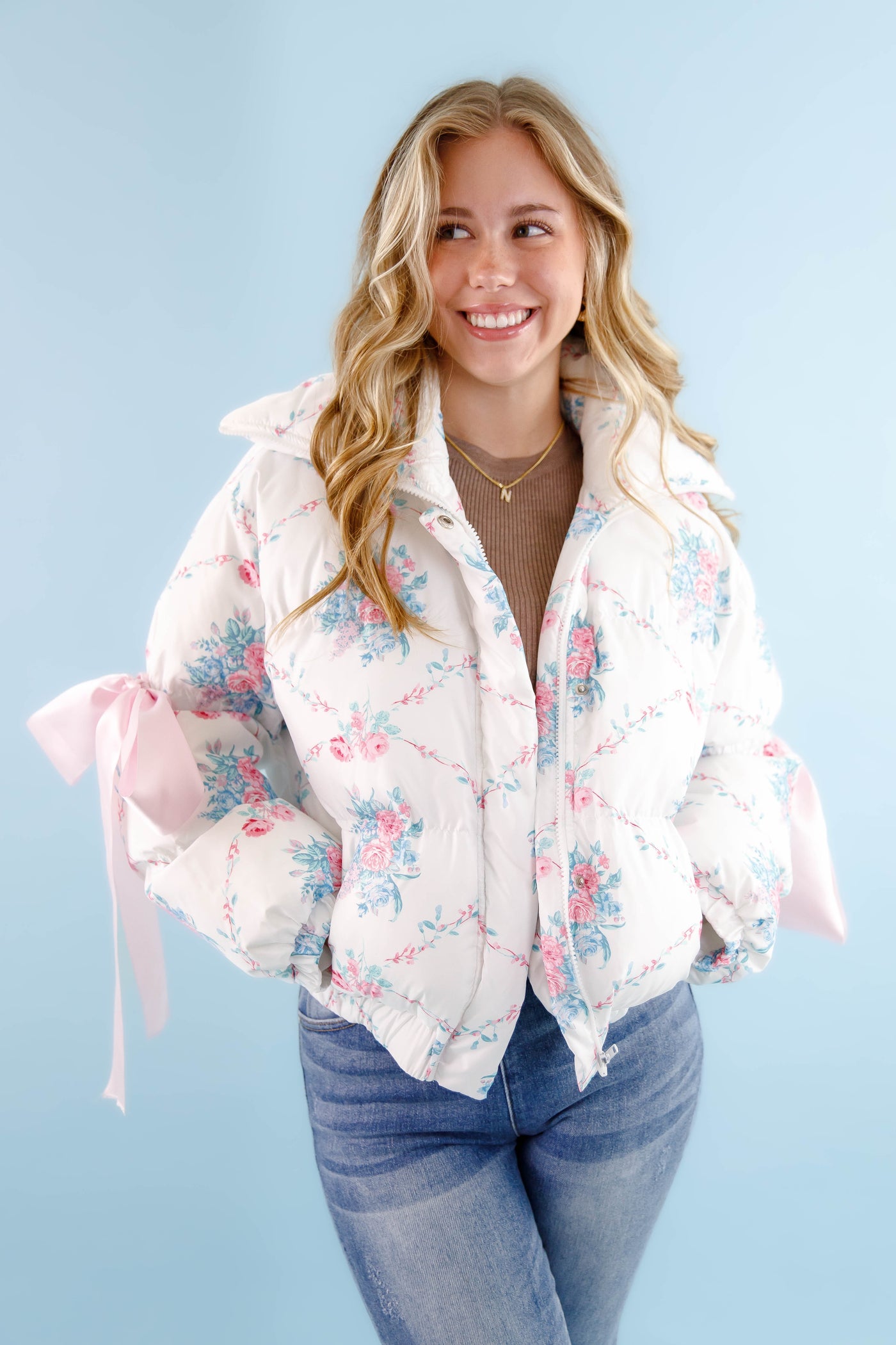 Floral Puffer Jacket- Women's Pink Bow Puffer Jacket- TCEC White Puffer Jacket