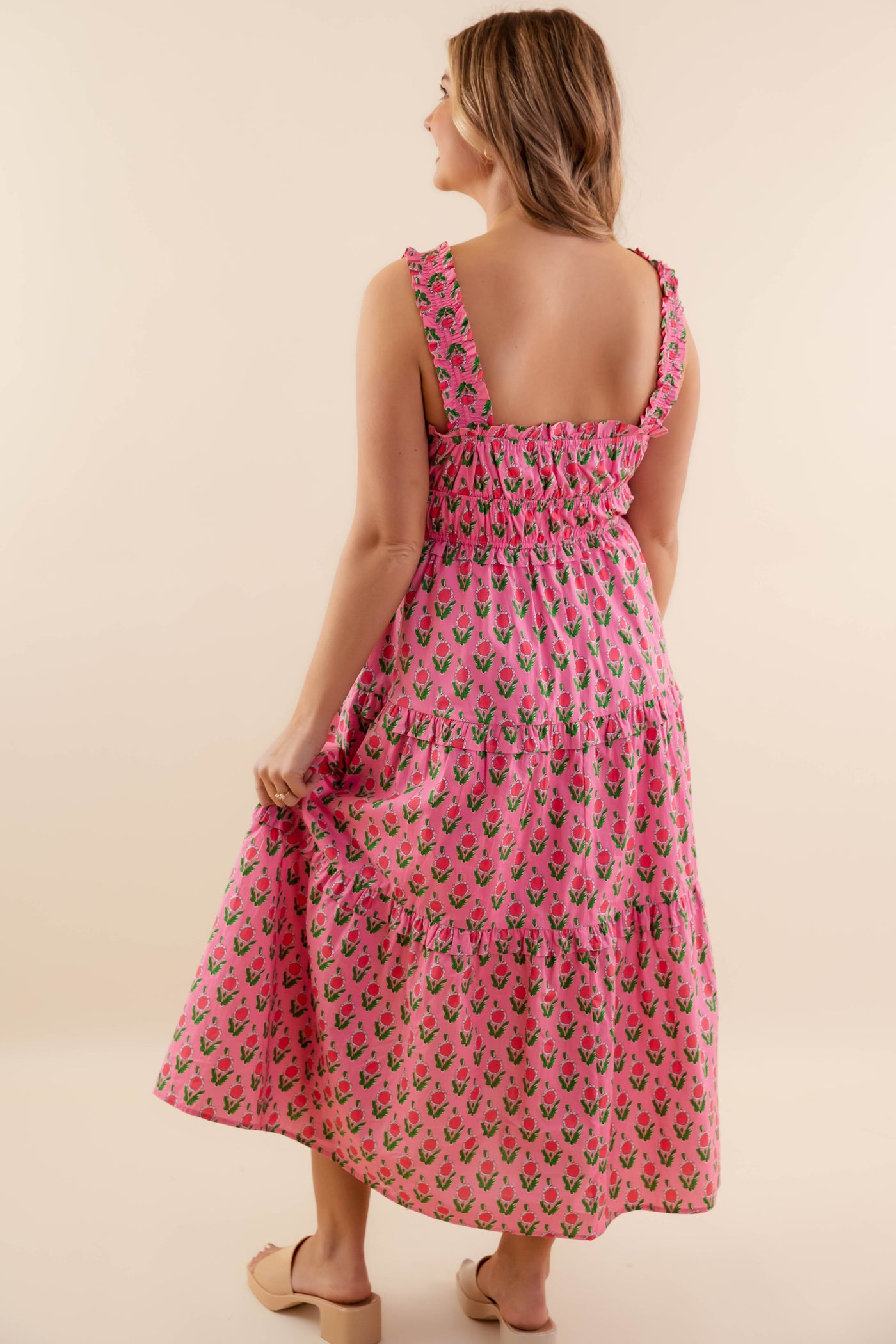 Pink Floral Smocked Midi Dress- Women's Pink Spring Dresses- Entro Floral Midi