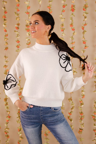 Flower Embroidery Sweater- Women's Chic White Sweater- Women's Flower Sweater