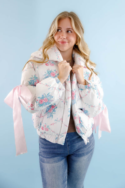 Floral Puffer Jacket- Women's Pink Bow Puffer Jacket- TCEC White Puffer Jacket