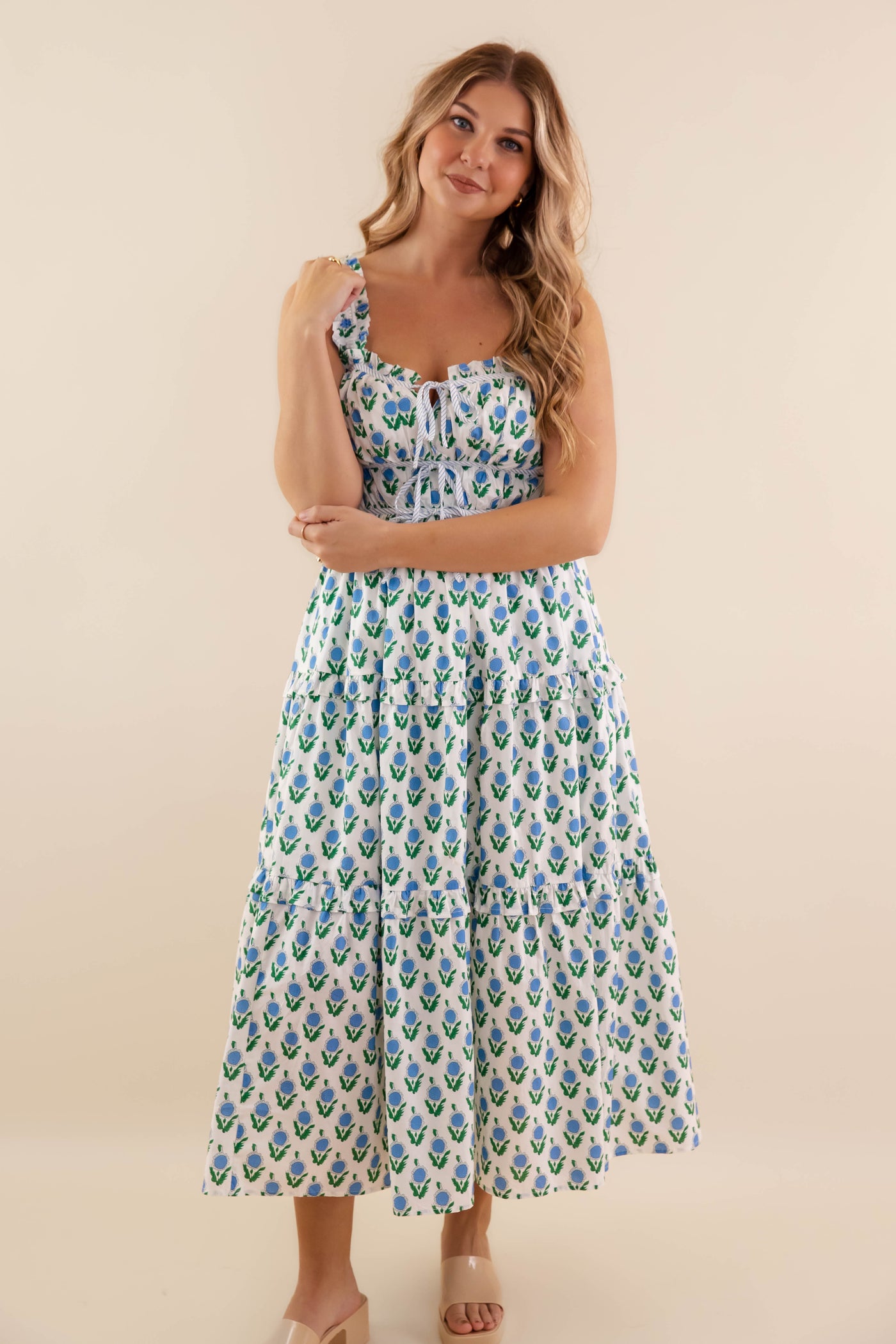 White Floral Smocked Midi Dress- Women's Blue Spring Dresses- Entro Floral Midi