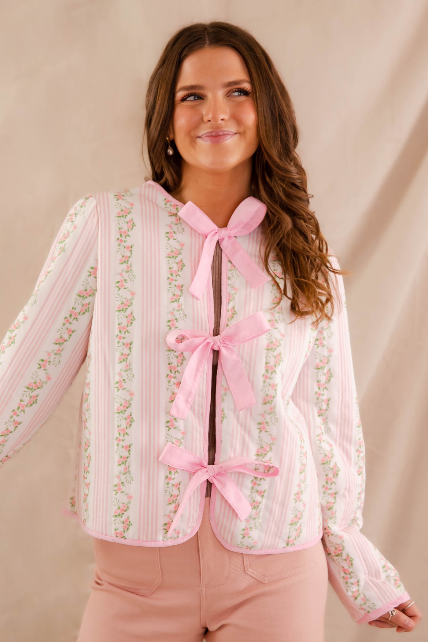 Feminine Quilted Jacket- Pink Floral and Stripe Coat- Bow Tie Front Jacket