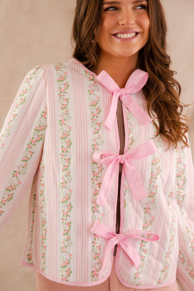 Feminine Quilted Jacket- Pink Floral and Stripe Coat- Bow Tie Front Jacket