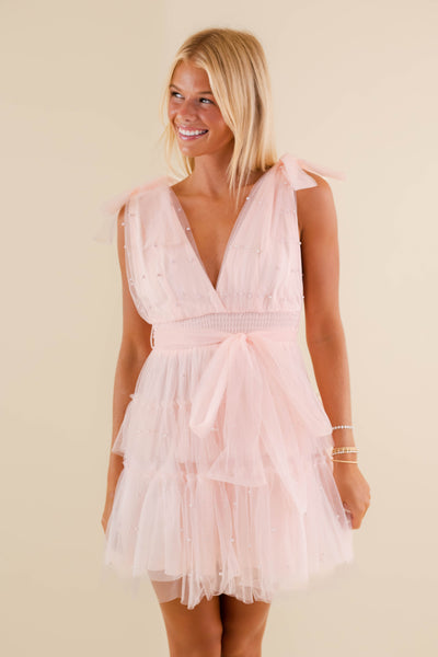 Blush Pearl Tulle Mini Dress- Bridal Tulle Pearl Dress- Women's Party Dress