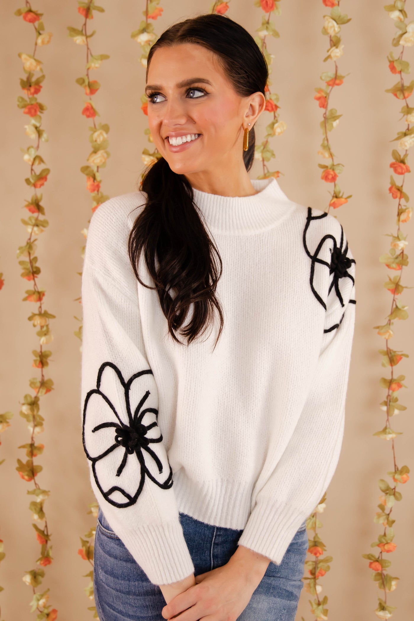 Flower Embroidery Sweater- Women's Chic White Sweater- Women's Flower Sweater