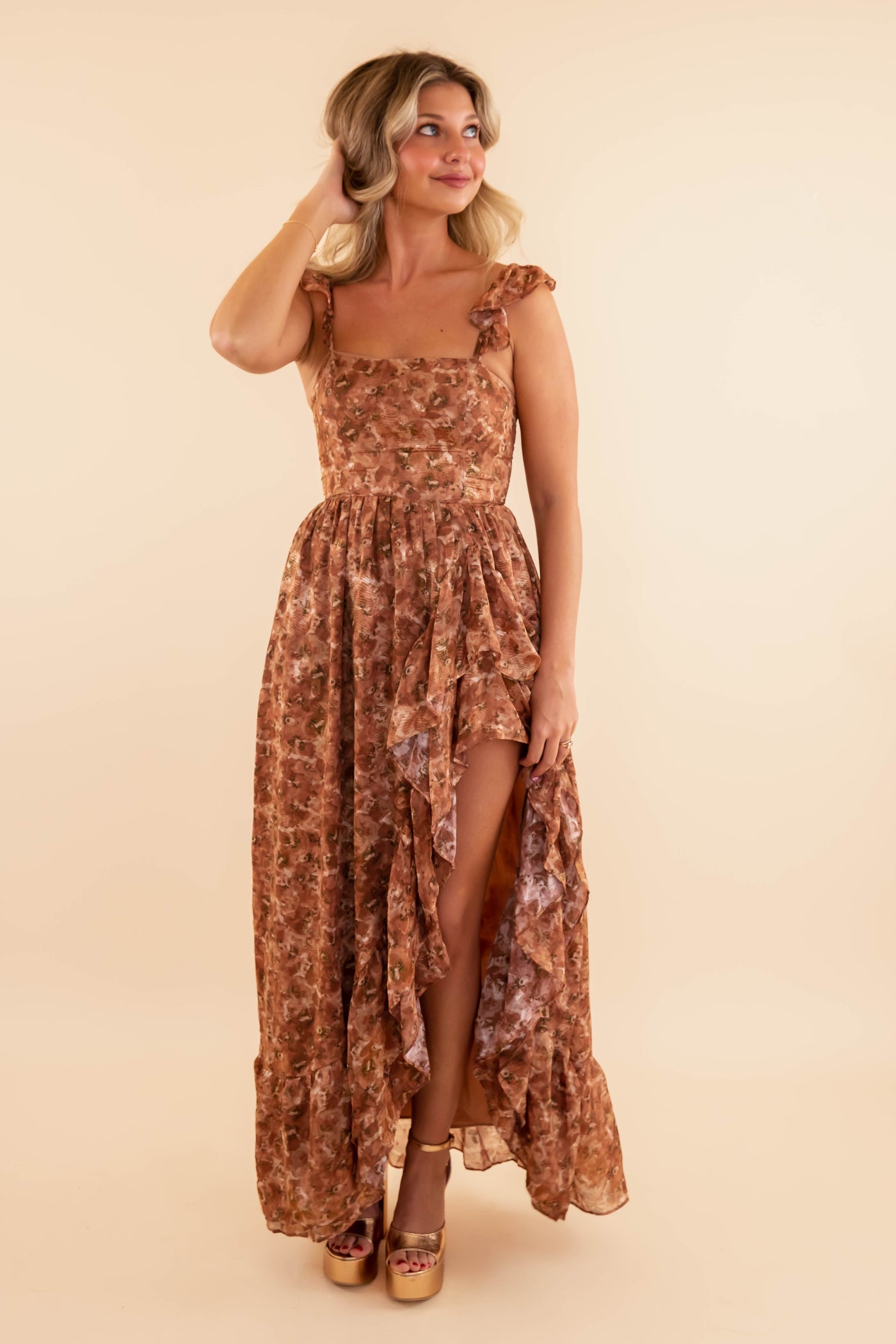 Women's Semi-Formal Dress- Cascading Ruffled Dress- Wedding Guest Dress- Storia Brown Floral Dress