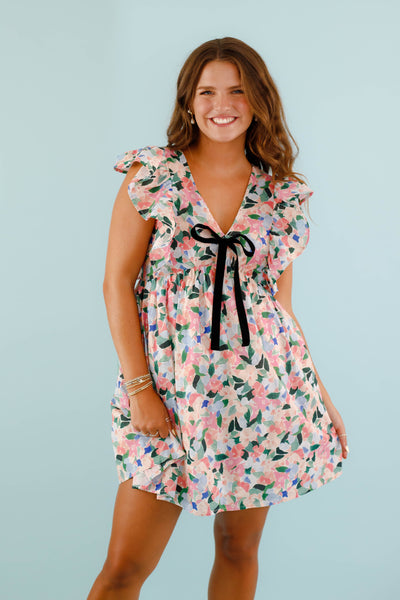 Pink Floral Flutter Sleeve Mini Dress- Women's Floral Mini Dress- Entro Dresses