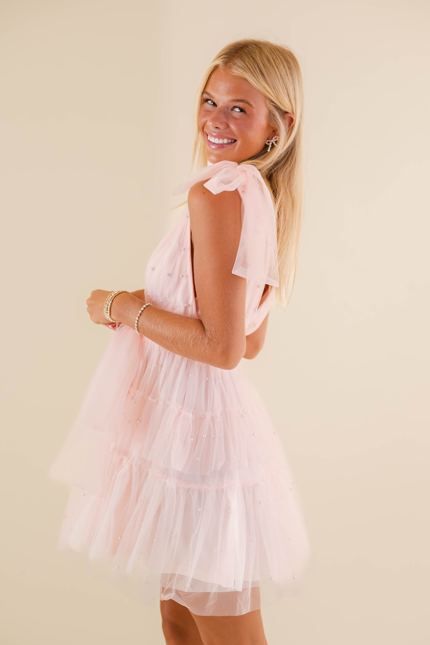 Blush Pearl Tulle Mini Dress- Bridal Tulle Pearl Dress- Women's Party Dress