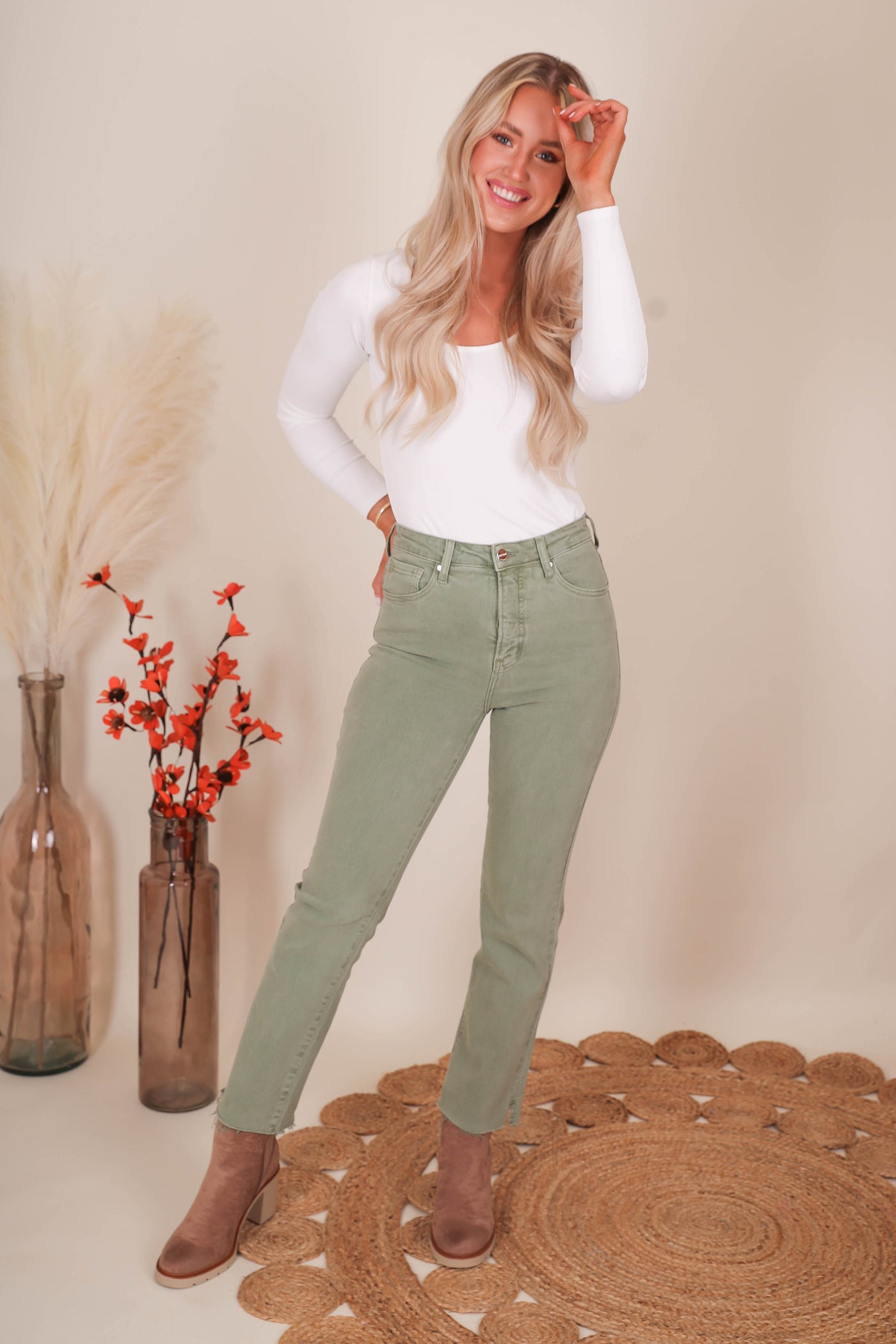 Women's Olive Green Jeans- Straight Leg Olive Pants- Women's Risen Jeans