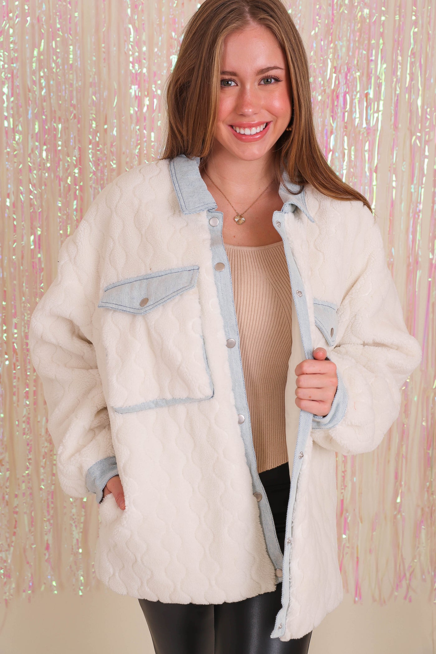 Women's Oversized Sherpa Jacket- Sherpa and Denim Boyfriend Jacket- PeachLove Sherpa Coat