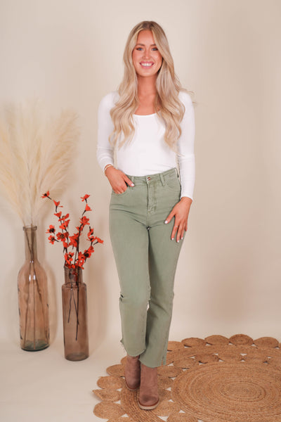 Women's Olive Green Jeans- Straight Leg Olive Pants- Women's Risen Jeans