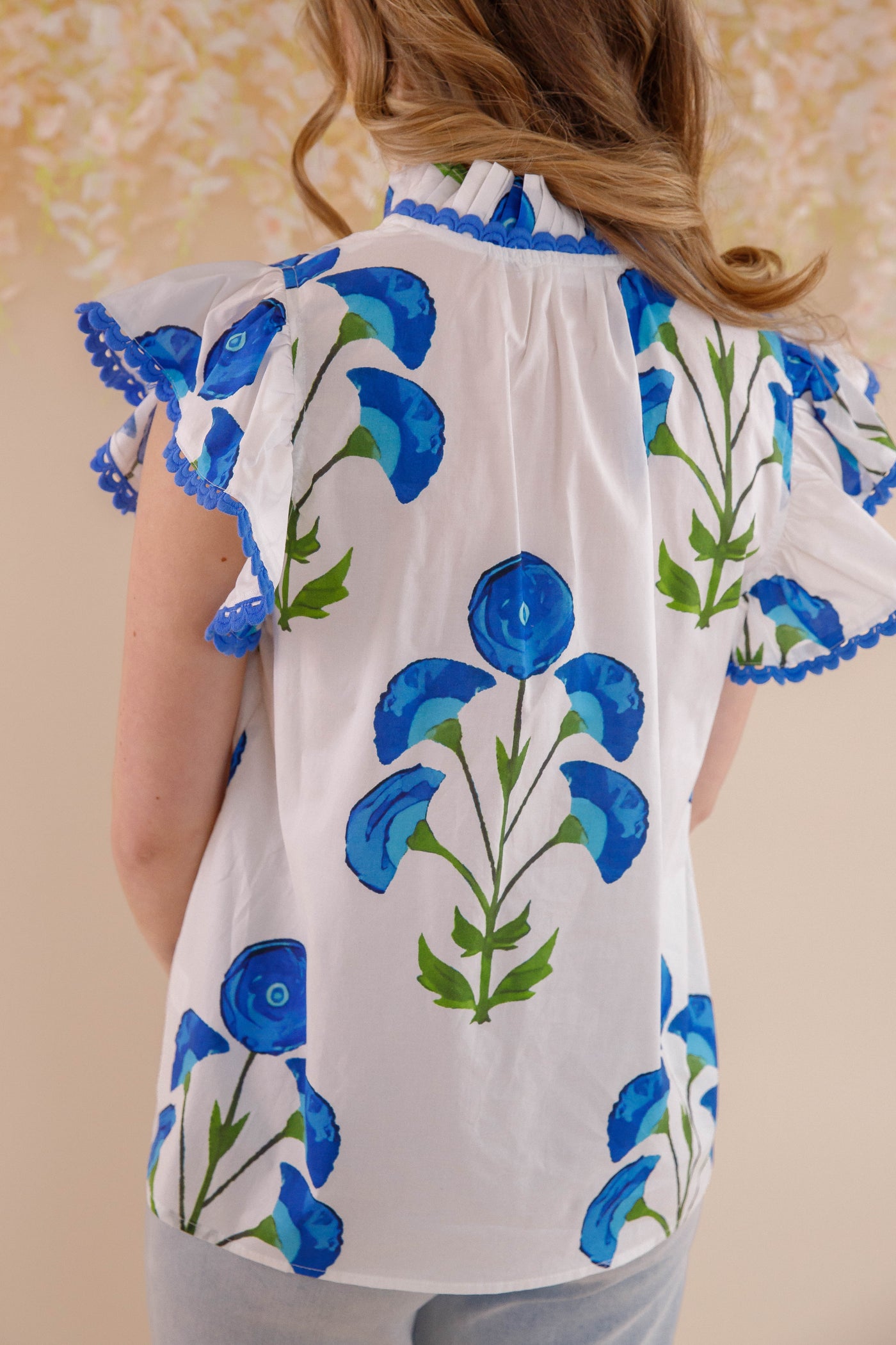 Floral Print Ruffle Sleeve Blouse- Blue and White Ruffle Top- Women's Spring Tops