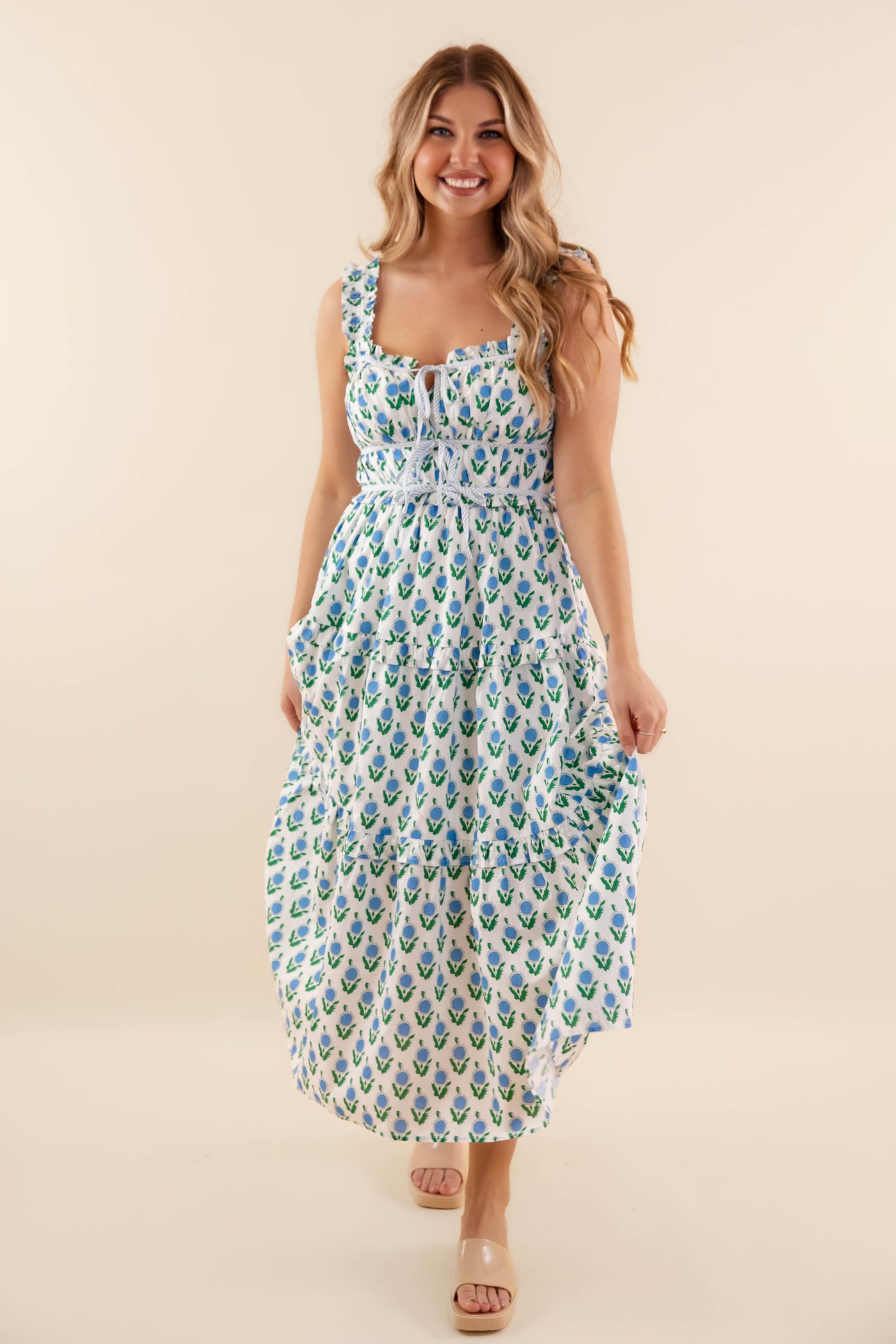 White Floral Smocked Midi Dress- Women's Blue Spring Dresses- Entro Floral Midi