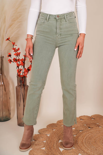 Women's Olive Green Jeans- Straight Leg Olive Pants- Women's Risen Jeans