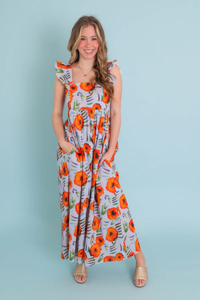 Floral Print Smocked Maxi Dress- Sky Blue Floral Print Maxi- Jodifl Maxi Dresses