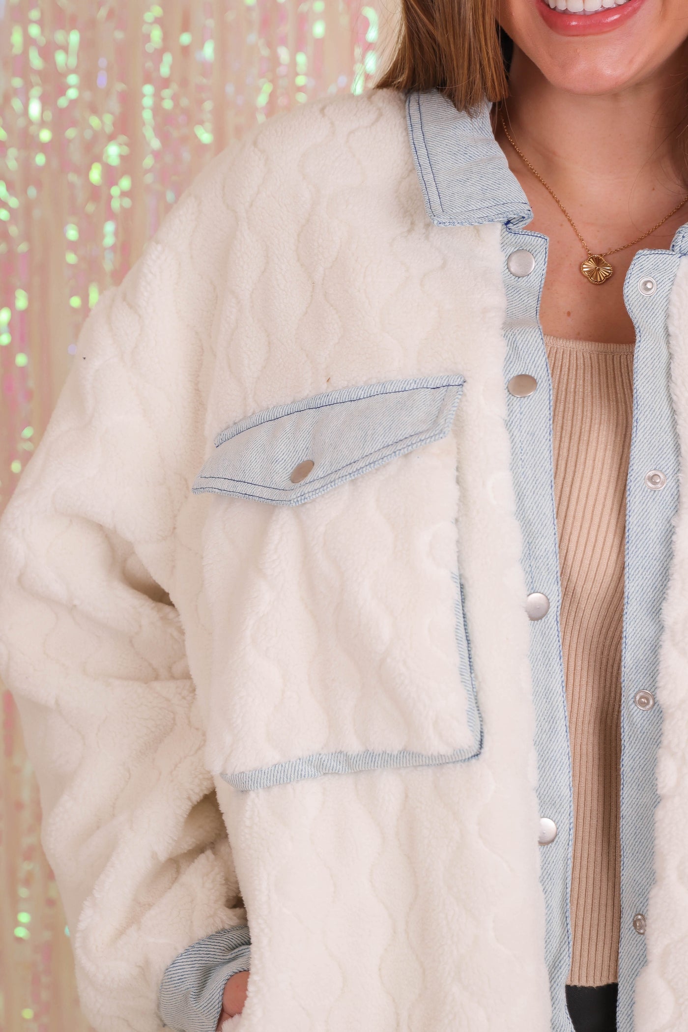 Women's Oversized Sherpa Jacket- Sherpa and Denim Boyfriend Jacket- PeachLove Sherpa Coat