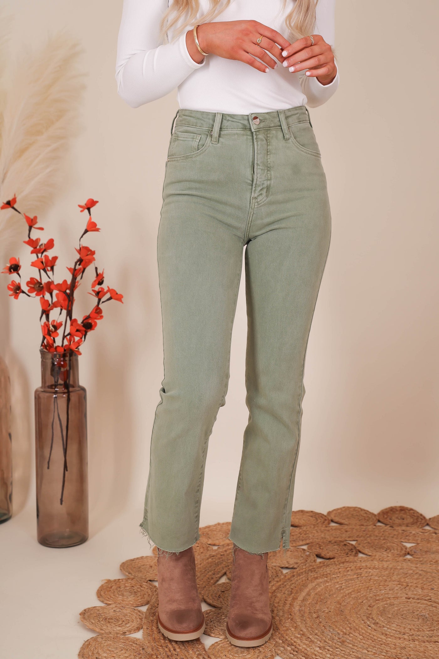 Women's Olive Green Jeans- Straight Leg Olive Pants- Women's Risen Jeans